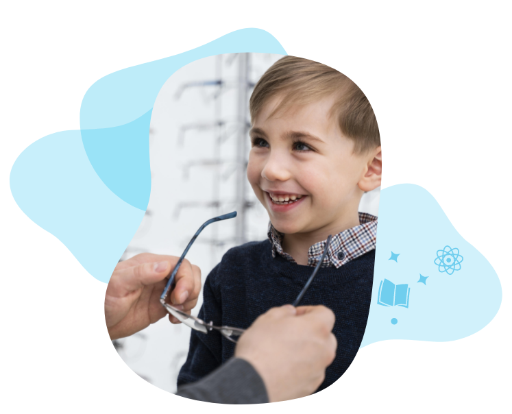 Young boy with glasses being taken off by doctor with Glasses for Kids branding